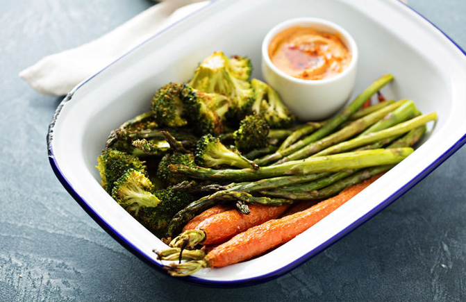 Roasted carrots, asparagus and broccoli with Savory Tofu Spread